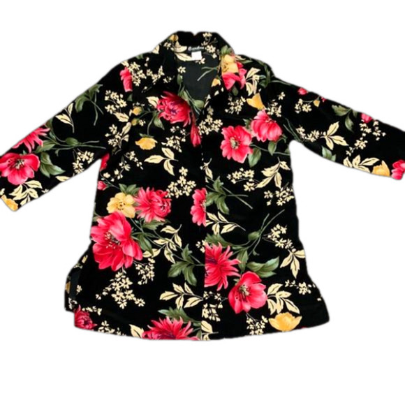 Caribou New York Black Floral Button Down Silk Feeling Split Side Blouse - Picture 1 of 9